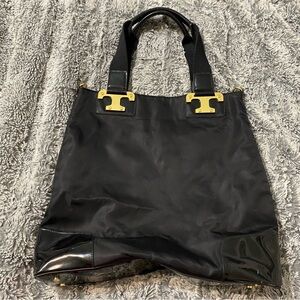 Tory Burch Black Large Tote Nico Nylon Patent Leather Gold Logo Handbag
